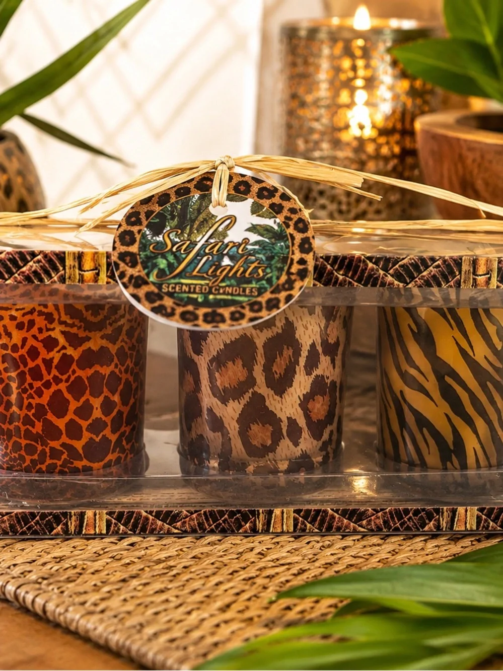 Animal-Print Glass Votive Candle Holders - Set of 3 - Brown & Tan